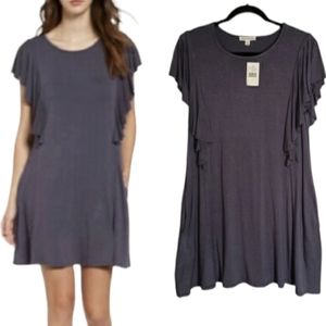 SOCIALITE Dark Gray Short Sleeve Ruffle Detail Swing A Line Dress Medium NWT